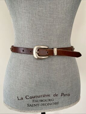 VTG Fossil Brown Leather Belt with Brass Silver Western Hardwares Sz S Boho Chic